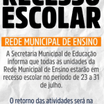 Prefeitura de Barra Velha comunica recesso escolar da Rede Municipal de Ensino