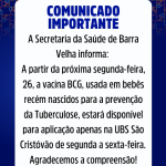 Secretaria da Saúde de Barra Velha amplia oferta da vacina BCG